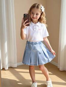 Elladie kids 两件套女童春夏套装，白色短袖polo衫+牛仔裙；泡泡袖荷叶边设计，胸前饰粉色蝴蝶结刺绣，百褶裙饰白色蝴蝶结刺绣，甜美可爱风格，适合日常穿着及亲子活动 - 白色 - 查看 9