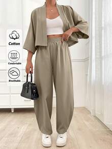 EURMUSE Women's Solid Color Open Front 3/4 Sleeve Top And Pants Set - Beige - View 1