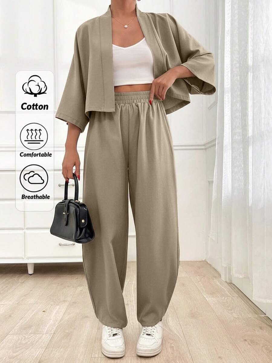 EURMUSE Women's Solid Color Open Front 3/4 Sleeve Top And Pants Set - Beige - View 1