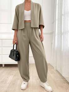 EURMUSE Women's Solid Color Open Front 3/4 Sleeve Top And Pants Set - Beige - View 6