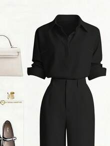 Zovinel New Button-Up Solid Color Shirt And Straight Leg Casual Pants Set - Black - View 3