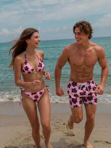 Azuldrift Pantalones de playa sueltos con estampado todo sobre, cintura elástica con cordón y bolsillos - Multicolor - Ver 1