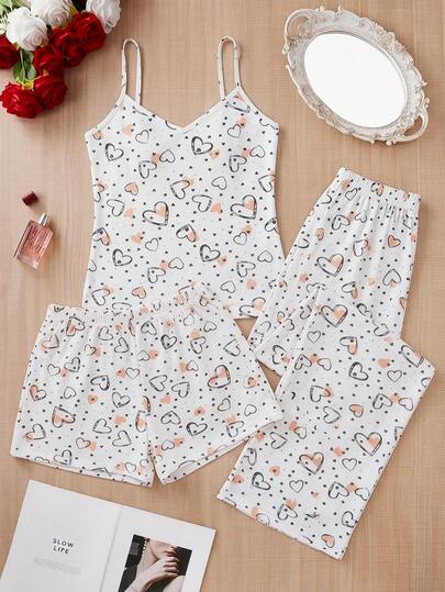 SHEIN 3pcs Cottonline Women Cute Heart Patterned Sexy Strappy Sleep Top + Sleep Shorts + Long Sleep Bottoms Casual & Cute Comfort Lounge Pajama Set
