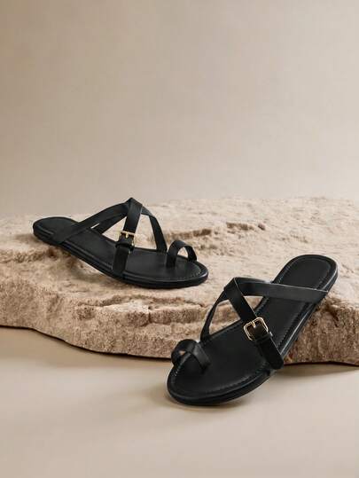 SHUZIA Damen minimalistische Kreuzriemen-Schnallen-Slip-On Flach-Sandalen