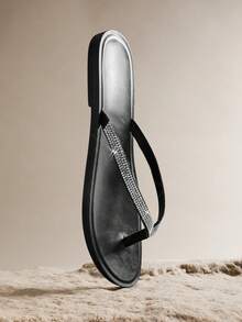 SHUZIA Women's Minimalist Rhinestone Thong Strap Slip-On Flat Sandals - Black - View 7