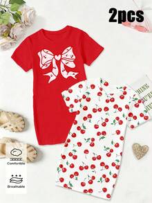 2pcs/Set Girls Casual Fruit Cherry Print Short Sleeve T-Shirt Dress,Back-To-School School Comfortable Daily Wear,Suitable For Spring,Summer And Autumn - Multicolor - View 5