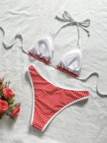 Swim Mod 女士夏季沙滩度假红色格子蝴蝶结装饰白色滚边露背系带性感比基尼套装 - 紅白色 - 查看 2