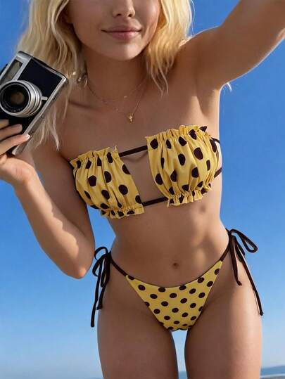 Swim Vcay Bộ bikini hai mảnh dành cho nữ, họa tiết chấm bi, viền hoa, gồm áo quây và bikini tam giác buộc dây bên hông, thời trang nghỉ dưỡng mùa hè.