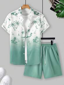 Manfinity RSRT Ensemble de chemise à manches courtes et short imprimé palmier pour hommes, vacances, congés - Multicolore - Voir 3