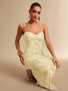 Silquee Jaune pâle,Été,Élégant,Robe moulante à bretelles avec fleurs 3D marron pour invitée de mariage,Occasion formelle Fête Noël Saint-Valentin Rendez-vous - Jaune clair - Voir 7