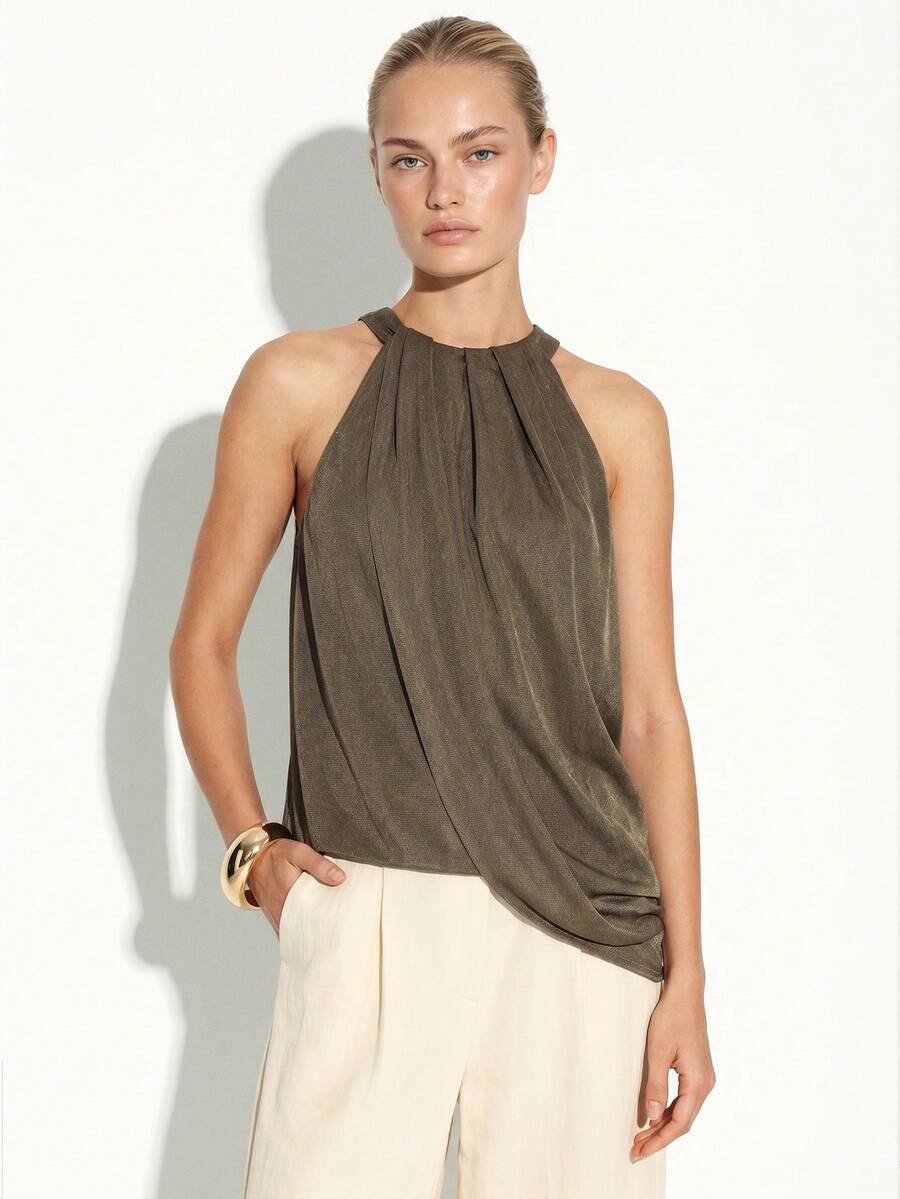 Asymmetric Draped Halter Neck Top With Gathered Detail And Button Back Closure - Green - View 1