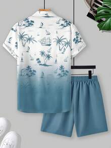 Genlund Conjunto de camisa de manga corta con estampado minimalista y pantalones cortos de unicolor para hombre, vacaciones - Multicolor - Ver 2