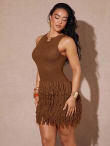 Silquee Women's Solid Color Fringe Design Fashion Date Night Beach Vacation Knit Dress Coffee Brown Autumn Sexy Tropical - Brown - View 6