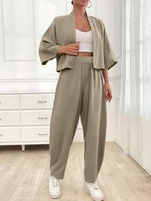 EURMUSE Women's Solid Color Open Front 3/4 Sleeve Top And Pants Set - Beige - View 5