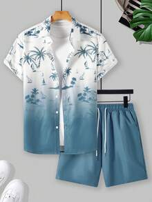 Genlund Conjunto de camisa de manga corta con estampado minimalista y pantalones cortos de unicolor para hombre, vacaciones - Multicolor - Ver 3