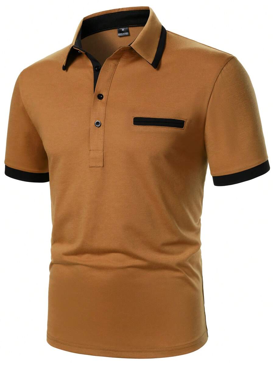 Manfinity Homme Men's Contrast Color Half-Placket Regular Fit Short Sleeve Casual Summer Polo Shirt - Coffee Brown - View 1