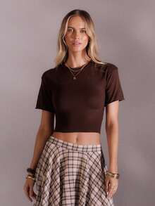 Aralina Women's Dark Brown Jersey Knitted Top,Autumn Chic Everyday Boat Neck Short Batwing Sleeves Cute Cinched Waist T-Shirt Old Money Style Top - Brown - View 1