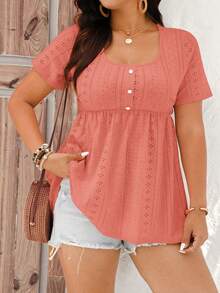 EMERY ROSE Camiseta casual de verano de talla grande con cuello cuadrado, manga corta, unicolor, bordada y con efecto quemado - Naranja - Ver 1