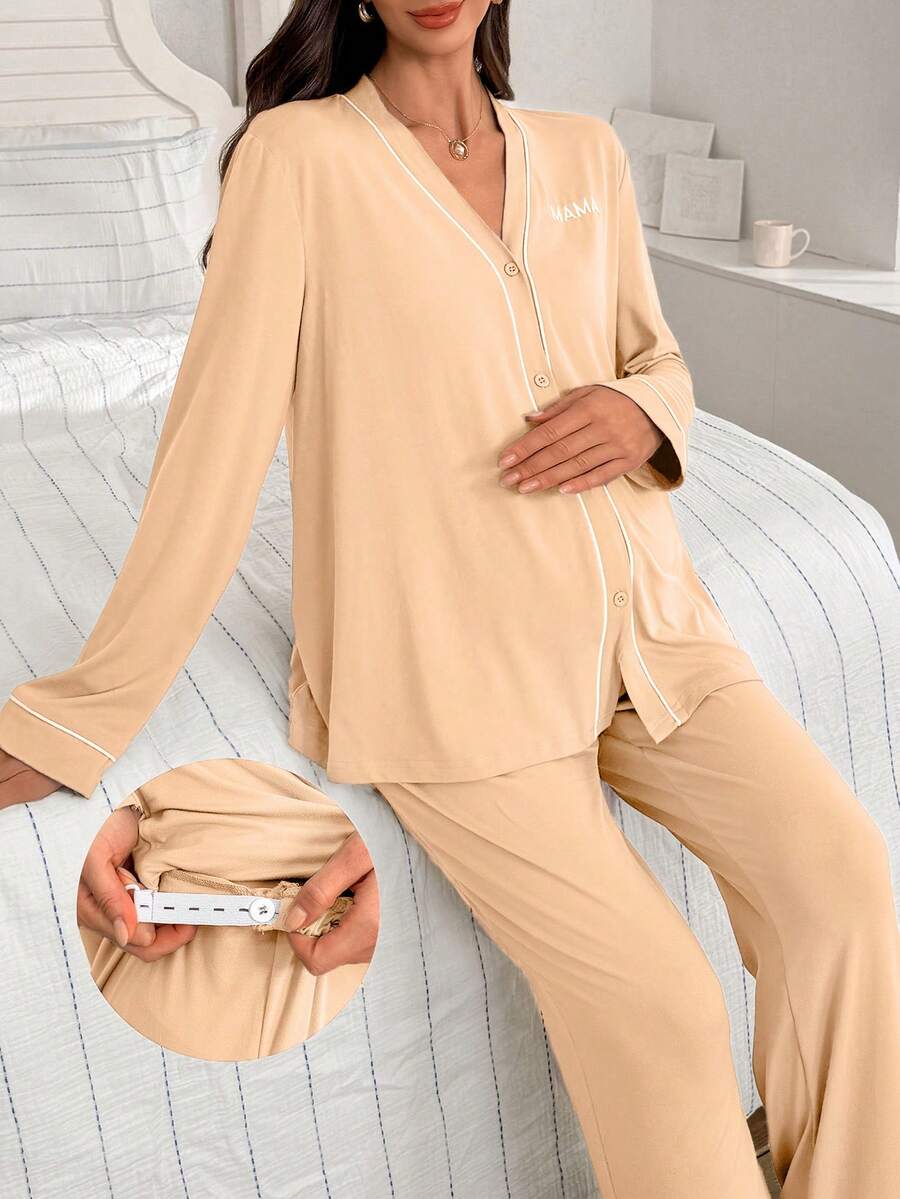 Moonlight&Mama Contrast Color Trim V-Neck Cardigan, Letter Embroidery Long Sleeve & Pants Maternity Lounge Set - Yellow - View 1