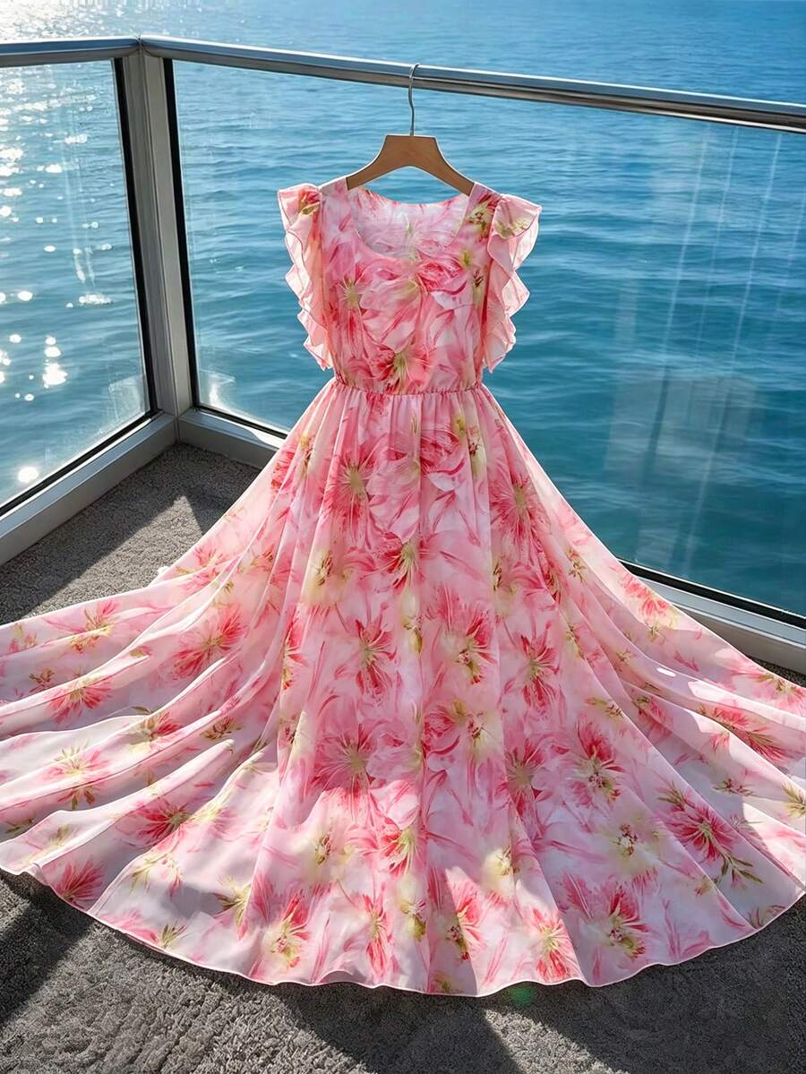 SHEIN LUNE CURVE Đầm nữ cỡ lớn kiểu Pháp lãng mạn họa tiết hoa tay bồng thanh lịch thường ngày cho kỳ nghỉ - Hồng - Xem 1