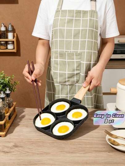 1个四孔煎锅，可用于煎蛋、不粘火腿煎饼、煎蛋汉堡，带木柄，适用于电磁炉和燃气灶