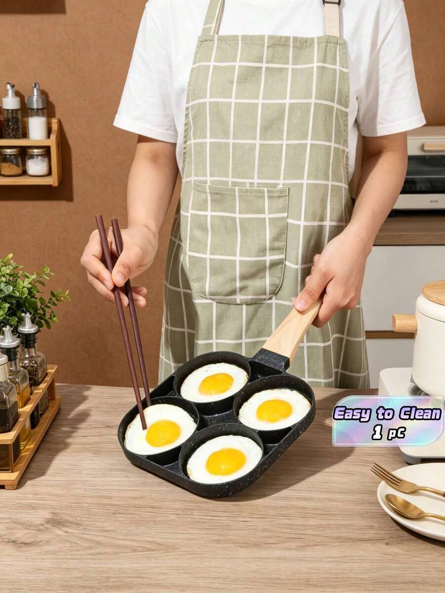 1pc 4 Holes Fry Pan For Egg, Non Stick Ham Pancake Maker, Egg Burger Pan With Wooden Handle, For Induction Cooker Gas Stove - default - View 1
