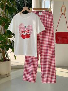 SHEIN Bộ áo thun và quần kẻ caro in hình quả anh đào dễ thương dành cho bé gái, thích hợp cho các hoạt động thường ngày và mặc dạo phố. - trắng - Xem 11