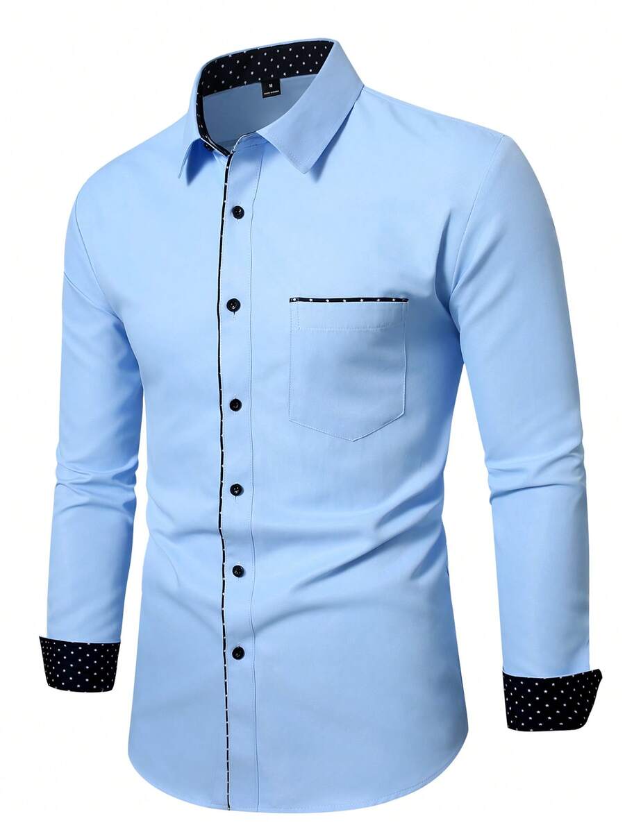 Manfinity Bizformal 男士休闲简约设计长袖插肩衬衫 - 藍色 - 查看 1