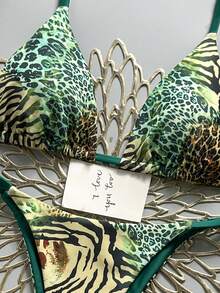 Swim Vcay Bộ bikini hai mảnh gợi cảm họa tiết da báo dành cho nữ, kiểu buộc dây cổ và hở lưng, thích hợp cho kỳ nghỉ biển. - màu xanh lá - Xem 5