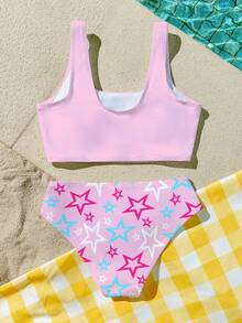 Bộ đồ bơi tankini dành cho bé gái tuổi teen, kiểu dáng tối giản, màu kem hồng, họa tiết hoạt hình các ngôi sao K-Pop, hình nhóm nhạc nữ hoạt hình, thích hợp cho mùa hè. - Nhiều màu - Xem 3