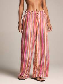 KSTM Colorful Multi Stripe Wide Leg Palazzo Beach Casual Summer Vacation Drawstring Elastic Waist Flowing Bohemian Pants - Multicolor - View 2