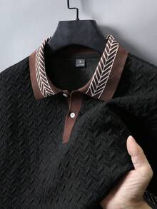 Manfinity Joysei Áo polo nam dệt kim jacquard màu trơn, cổ áo và tay áo có họa tiết, viền gân, kiểu dáng cổ điển 2 nút. - màu đen - Xem 3