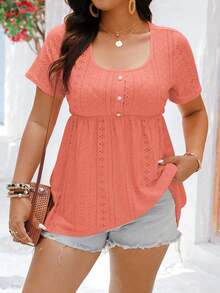 EMERY ROSE Camiseta casual de verano de talla grande con cuello cuadrado, manga corta, unicolor, bordada y con efecto quemado - Naranja - Ver 5