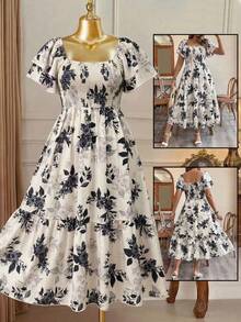 Rometta Plus Size Vacation/Leisure Ditsy Floral Print Dress With Cinched Waist Maxi Women Outfit - Apricot - View 8