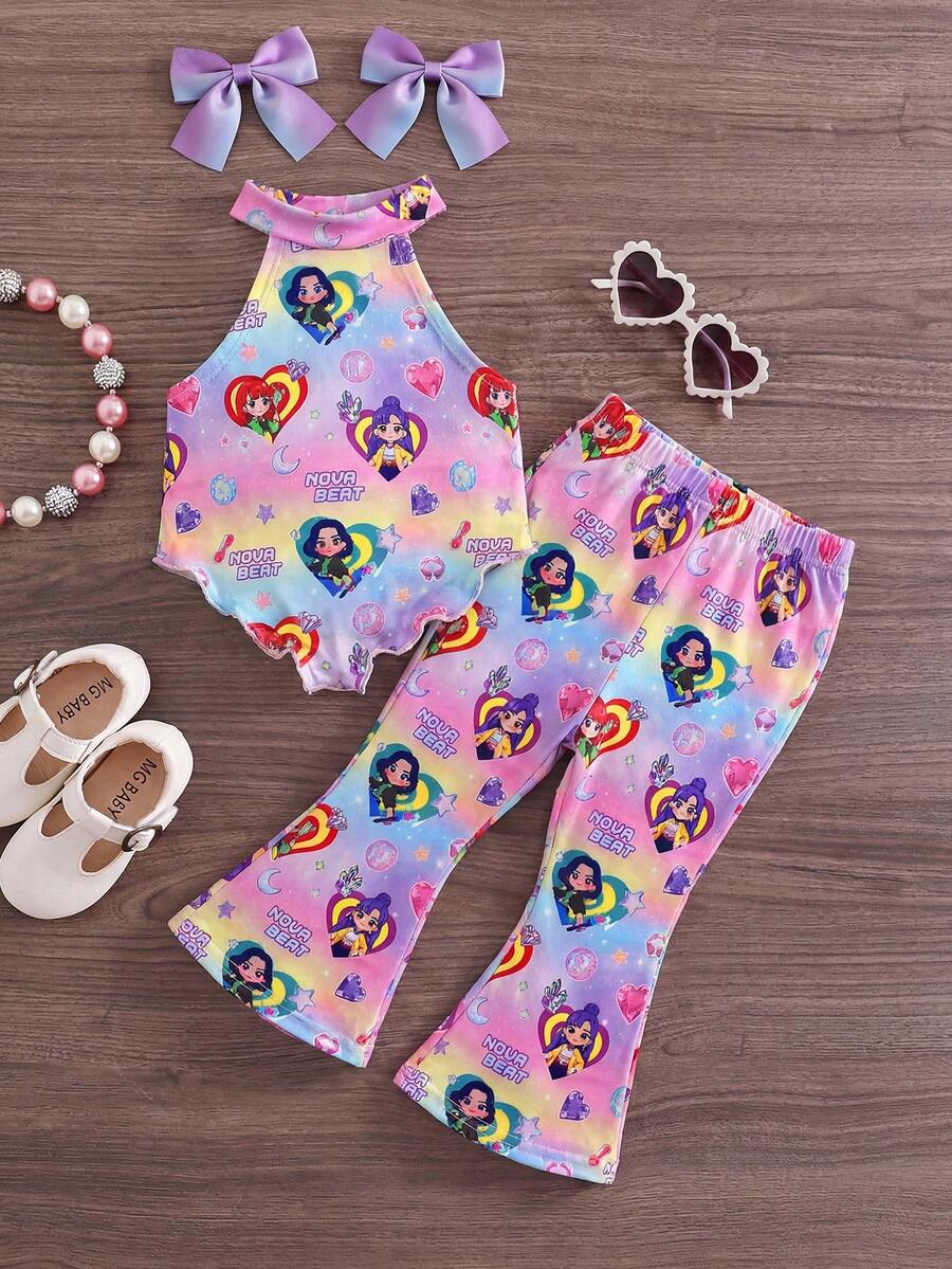 Bộ đồ mùa hè dễ thương cho bé gái, gồm áo ba lỗ dệt kim in họa tiết ngộ nghĩnh và quần ống loe cạp chun. - Nhiều màu - Xem 1