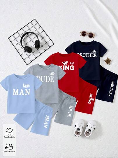 Set de 8 piezas de camiseta de manga corta y pantalones cortos con estampado de letras gráficas minimalistas, de estilo fresco y personalidad creativa, para niños pequeños, uso diario cómodo, estilos de verano acogedores adecuados para primavera y verano