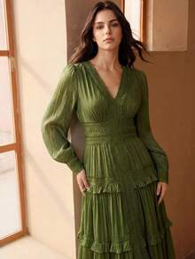 Anewsta New Romantic Ruffled Floral Splice V-Neck Petal Sleeve Dress, Vacation & Holiday Wear For Women, Summer - Army Green - View 4