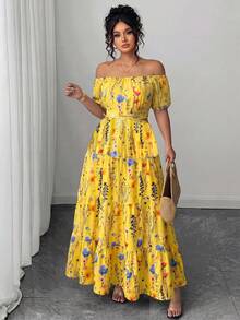 Elenzga Plus Size Printed Elegant Tie-Waist Off-Shoulder Midi Dress - Yellow - View 1