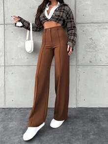 EURMUSE Women's Solid Color Toothpick Striped Design Wide Leg Office Autumn Pants - Rust Brown - View 3