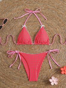 Swim Mod Bộ bikini hai mảnh gợi cảm kẻ sọc, buộc dây cổ, hở lưng, thích hợp cho kỳ nghỉ hè ở bãi biển dành cho nữ. - Đỏ - Xem 3