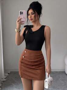 GlowEve Women's Black One-Shoulder Bow Sleeveless Top & Caramel Ruched High Waist Skirt Set, Button Detail - Multicolor - View 8