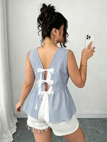 SHEIN Clasi 夏季时尚休闲度假法式复古优雅通勤V领蓝白条纹后背蝴蝶结衬衫 - 藍白色 - 查看 4