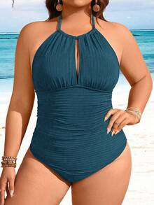 SHEIN Swim 2026新款夏季沙滩度假休闲基础款纹理面料大码女式连体泳衣 - 水鴨藍 - 查看 3