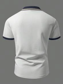Manfinity Bizformal 男士高級海軍藍白配色針織 Polo 衫，夏季休閒商務高爾夫上衣，修身版型提花鈕扣短袖復古時尚通勤上衣，正式場合適用 - 白色 - 查看 2