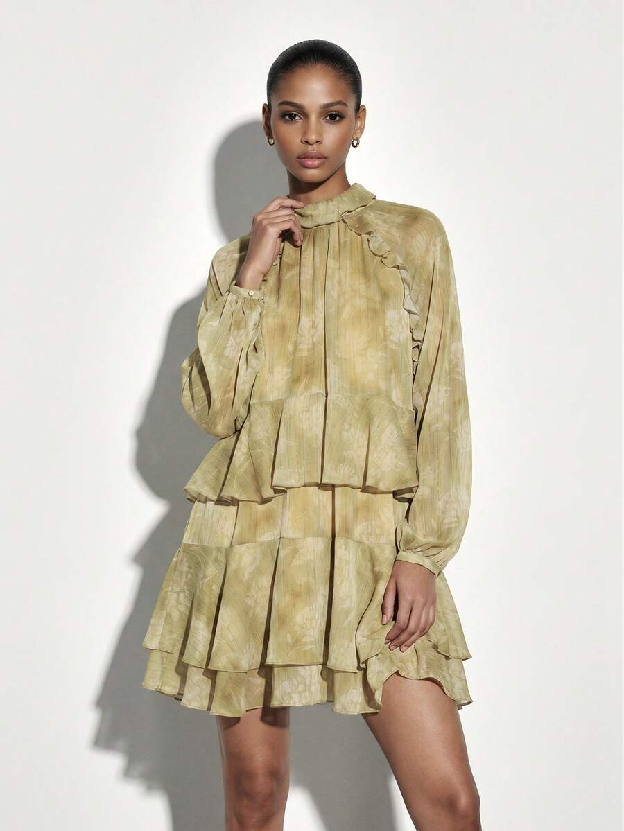 KSTM Women's Long Sleeve Mock Neck Tiered Ruffle Mini Dress With Sheer  Chiffon Overlay And Layered Pleated Details For Party EventsMISSGUIDED