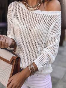 SHEIN Áo hè mới, Áo nữ trắng dệt kim hở vai, cổ răng cưa, tay dài, chất liệu lưới, vạt cong, vẻ quyến rũ nữ tính lãng mạn và phong cách boho giản dị. - trắng - Xem 1