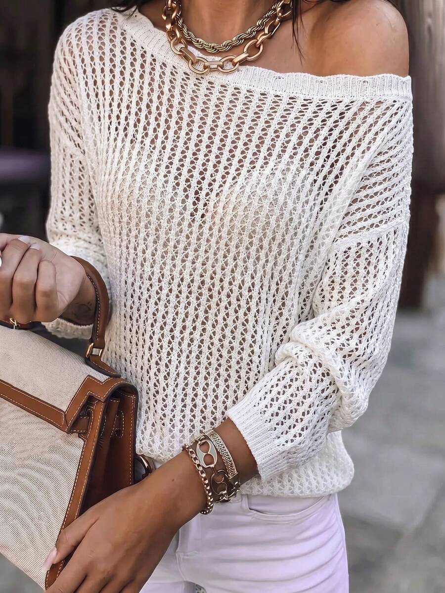 SHEIN Áo hè mới, Áo nữ trắng dệt kim hở vai, cổ răng cưa, tay dài, chất liệu lưới, vạt cong, vẻ quyến rũ nữ tính lãng mạn và phong cách boho giản dị. - trắng - Xem 1