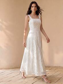 Anewsta Đầm dài trắng thanh lịch dành cho nữ, chất liệu vải dệt jacquard họa tiết hoa hồng trắng, cổ vuông, không tay, thích hợp cho mùa hè. - trắng - Xem 6