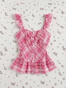 Flirla Women's Pink And White Plaid Romantic Cute Ruffled Sleeve Shirt Blouse, Spring/Summer Vacation - Pink - View 1