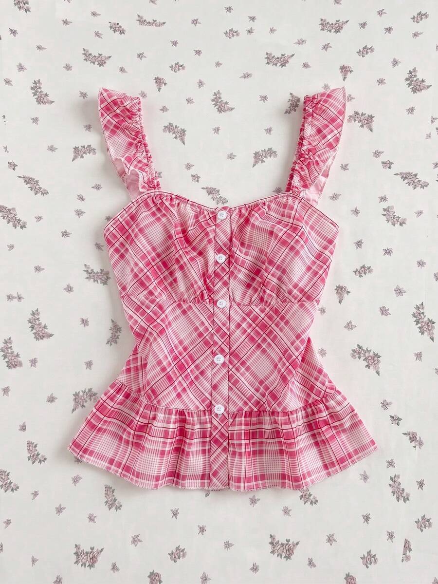 Flirla Women's Pink And White Plaid Romantic Cute Ruffled Sleeve Shirt Blouse, Spring/Summer Vacation - Pink - View 1